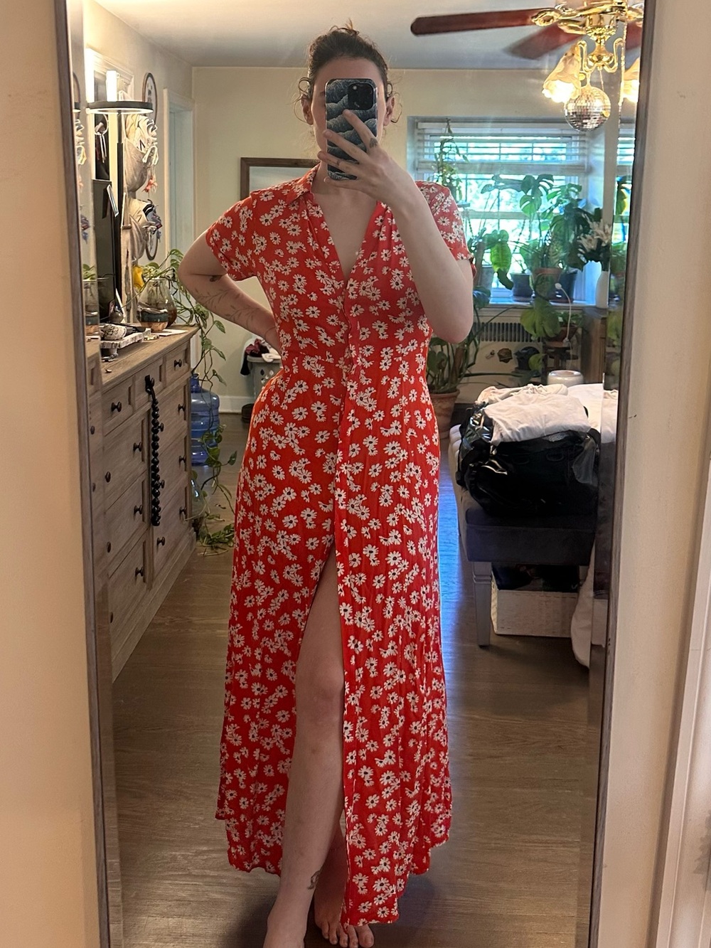 Red Floral Button-Front Maxi dress